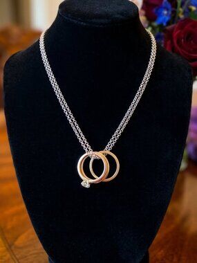 Triple Ring Pendant Necklace Double Strand Chain Delicate Layered Jewelry